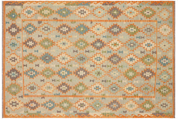 Flat Weave Kilim, Antique, Navaho, Vintage, Handmade, Geometric Kilim Blue Gray Hand-Woven Rectangle 100% Wool Area Rug 8 x 10